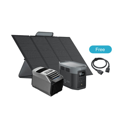 Delta 2 Max (EU) + Wave 2 kompakt tragbares Klimagerät + 400W faltbares Solarpanel + Verbindungskabel (5m)